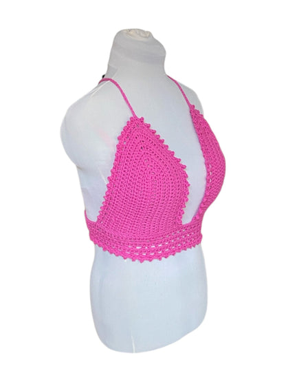 Gehaakte vrolijke crop-top van katoen - handgemaakte roze festival top - maat L