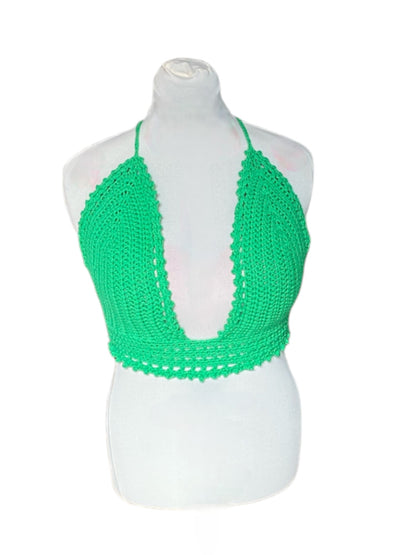 Gehaakte vrolijke crop-top van katoen - handgemaakte groene festival top - maat XL