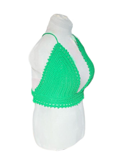 Gehaakte vrolijke crop-top van katoen - handgemaakte groene festival top - maat XL