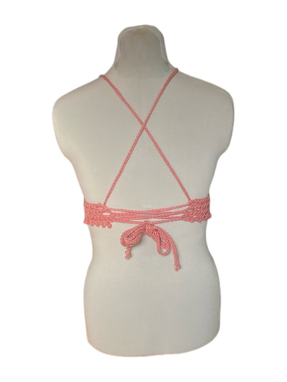 Gehaakte vrolijke crop-top van katoen - handgemaakte roze festival top - maat S