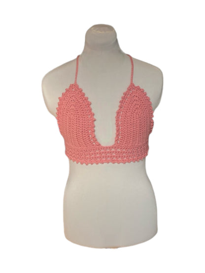 Gehaakte vrolijke crop-top van katoen - handgemaakte roze festival top - maat S