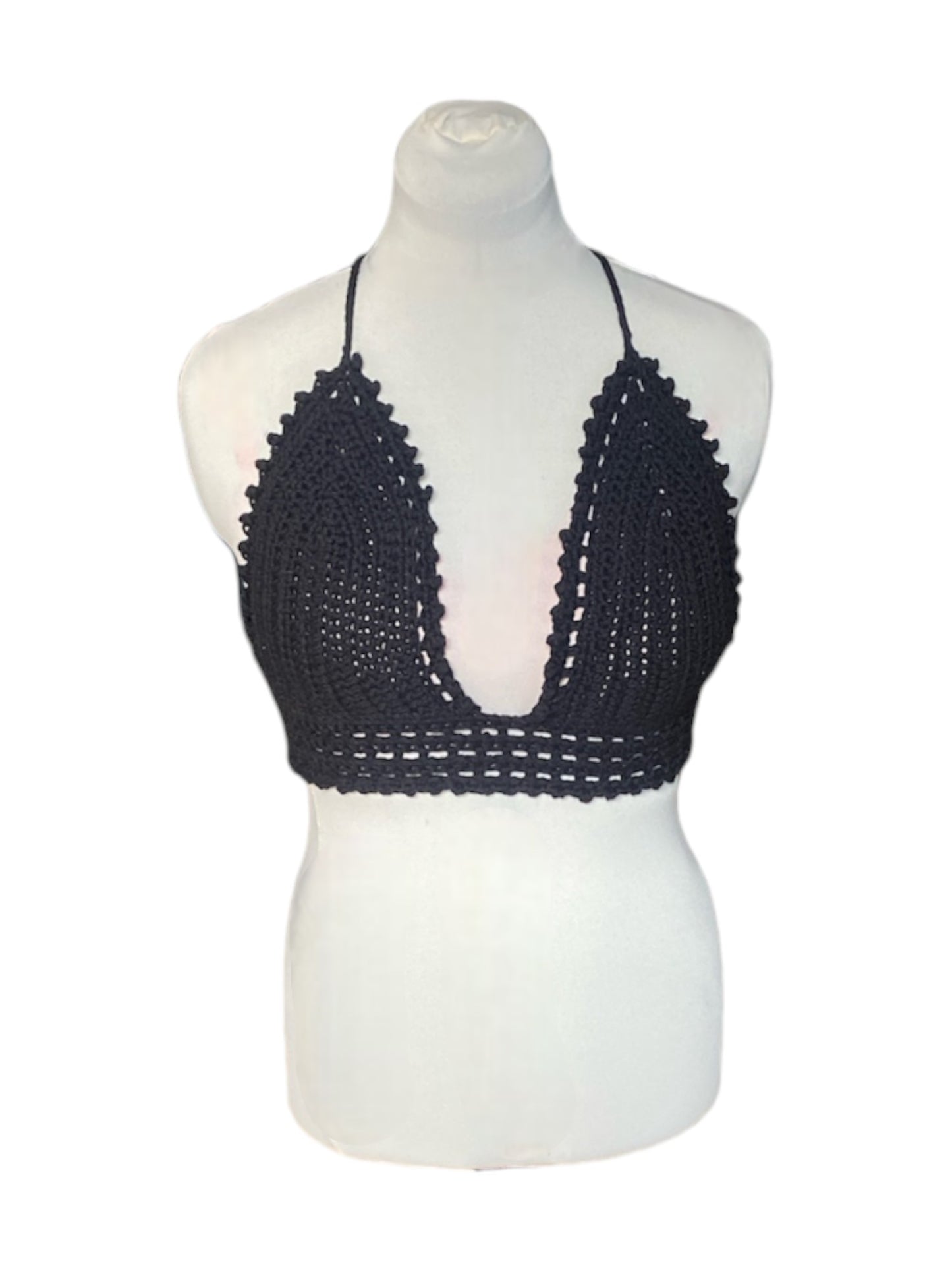 Gehaakte vrolijke crop-top van katoen - handgemaakte zwarte festival top - maat M