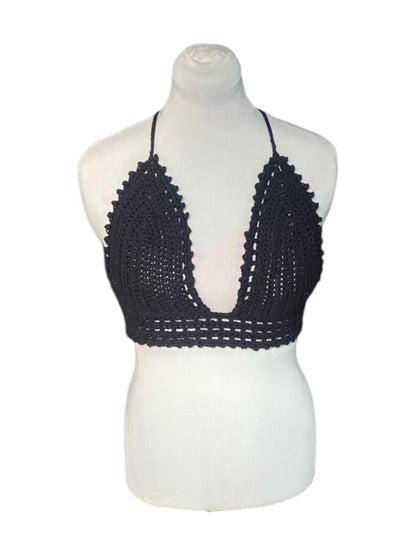 Gehaakte vrolijke crop-top van katoen - handgemaakte zwarte festival top - maat M