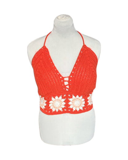 Gehaakte oranje Marigold crop-top met licht oranje granny squares – 100% katoen – maat XL