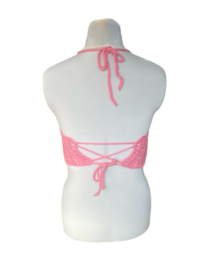 Gehaakte roze Marigold crop-top met granny squares – 100% katoen – maat S