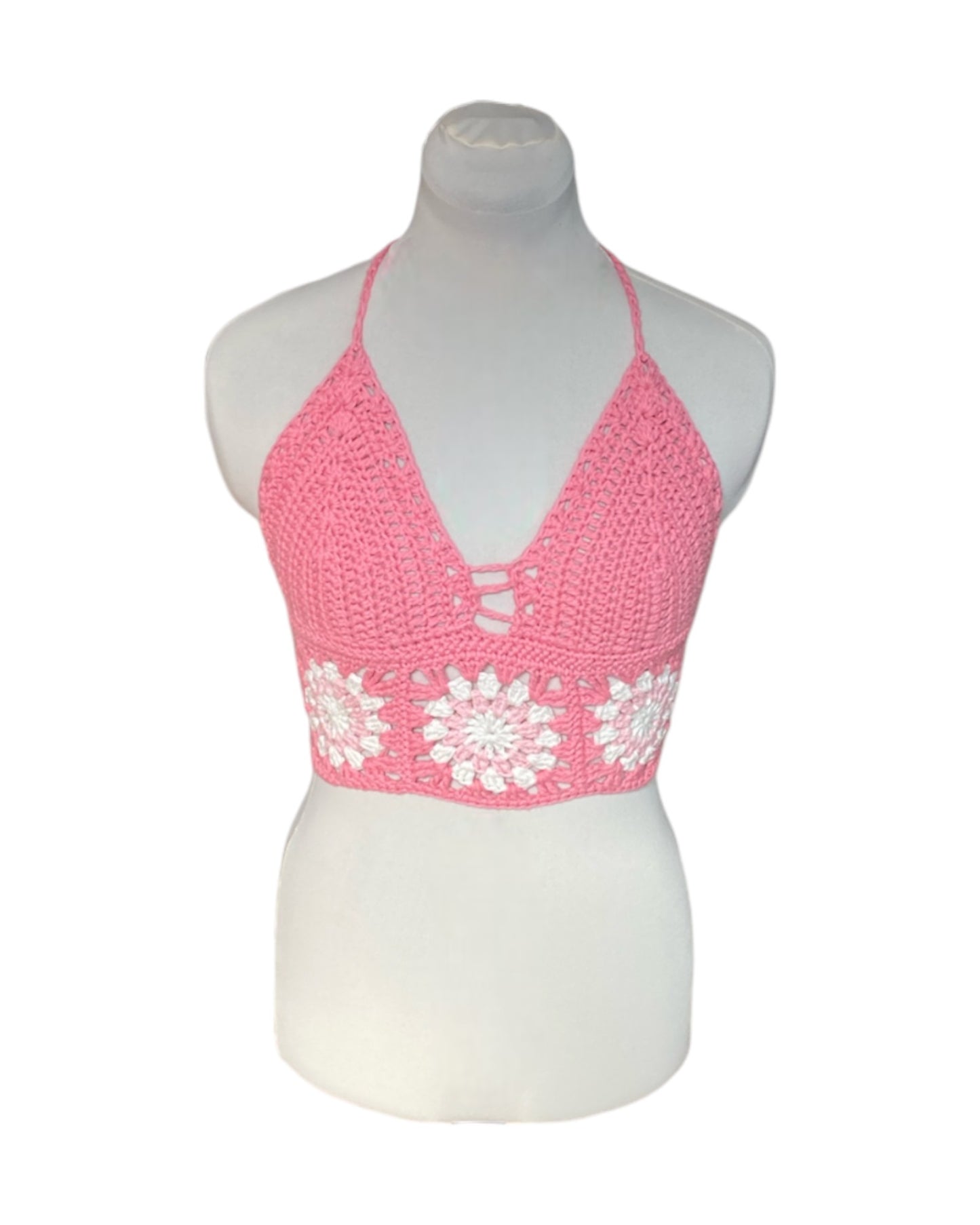 Gehaakte roze Marigold crop-top met granny squares – 100% katoen – maat S