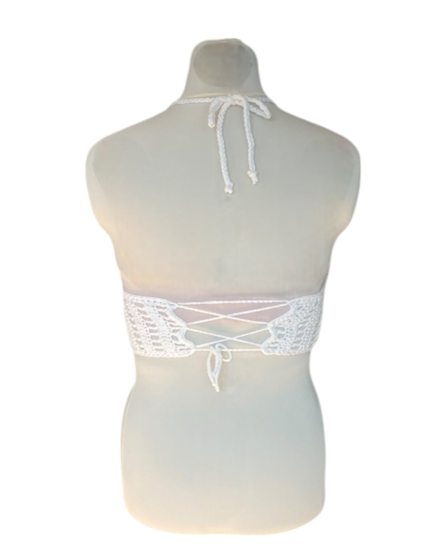 Gehaakte witte Marigold crop-top met blauwe granny squares – 100% katoen – maat M