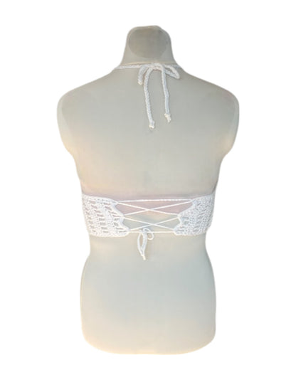 Gehaakte witte Marigold crop-top met blauwe granny squares – 100% katoen – maat M