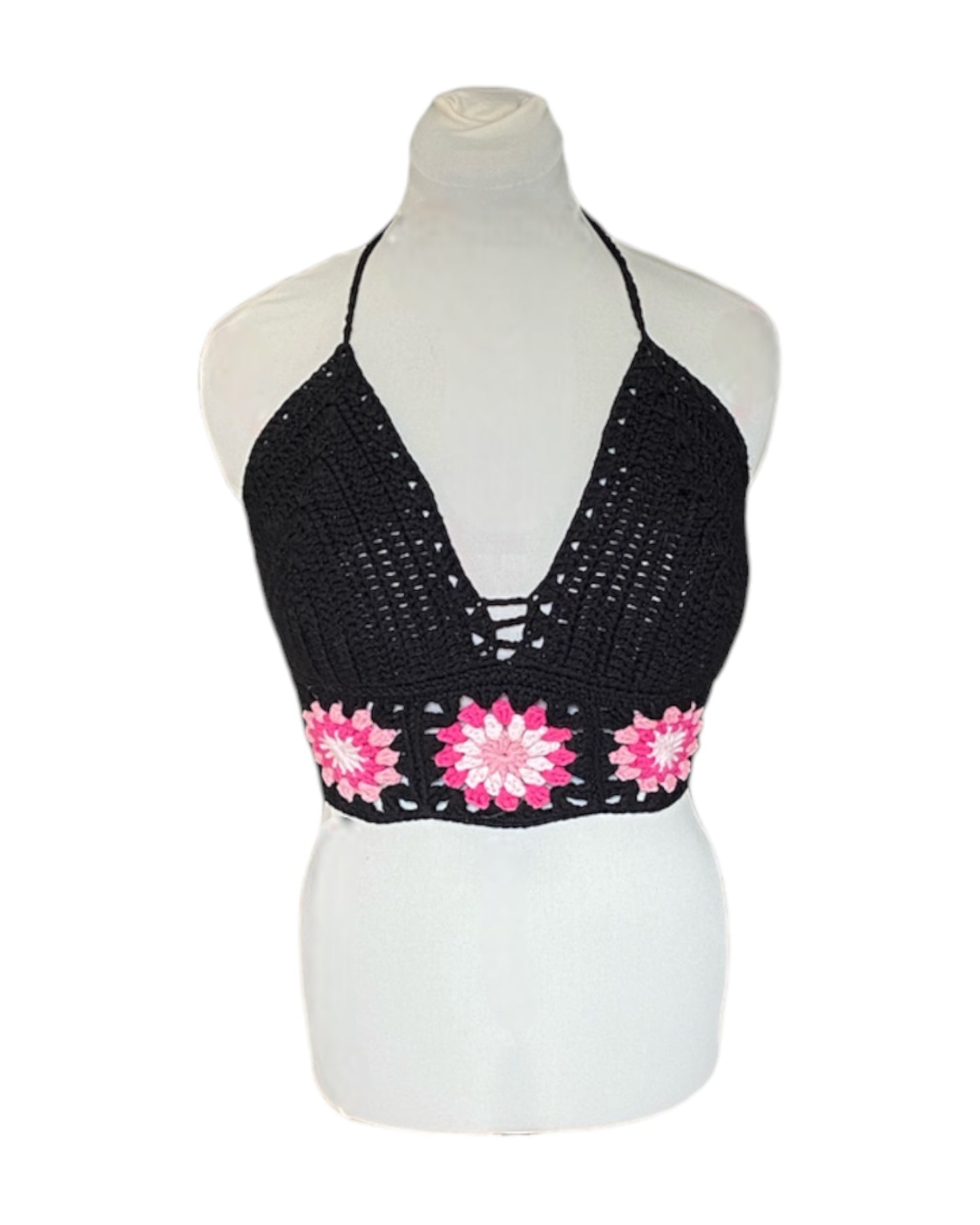 Gehaakte zwarte Marigold crop-top met roze granny squares – 100% katoen – maat L