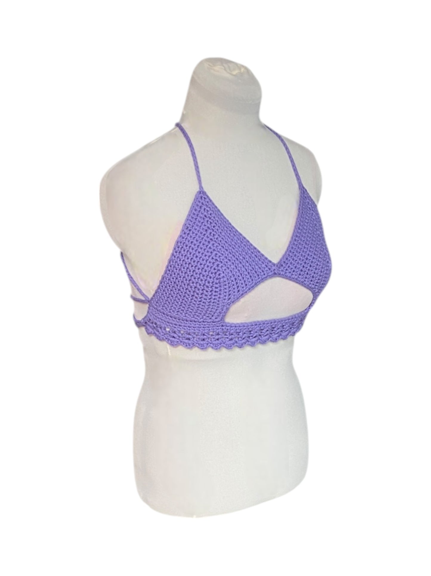 Gehaakte crop-top bralette katoen lichtpaars - handgemaakte festival top (Peek-a-boob) - maat M