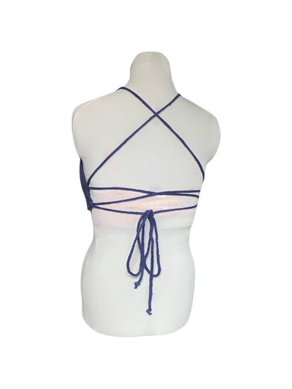 Gehaakte crop-top bralette katoen blauw - handgemaakte festival top (Peek-a-boob) - maat XL