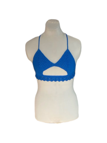 Gehaakte crop-top bralette katoen blauw - handgemaakte festival top (Peek-a-boob) - maat S