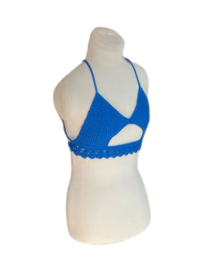 Gehaakte crop-top bralette katoen blauw - handgemaakte festival top (Peek-a-boob) - maat S