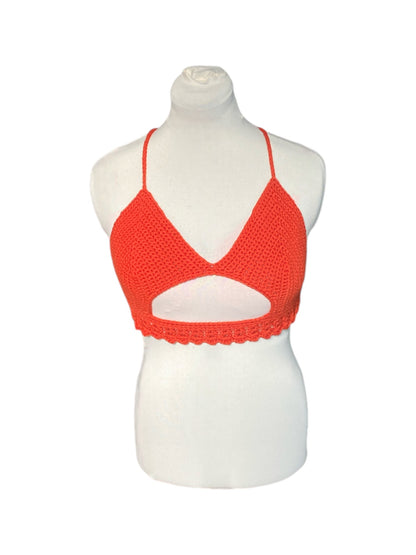 Gehaakte crop-top bralette katoen oranje - handgemaakte festival top (Peek-a-boob) - maat L