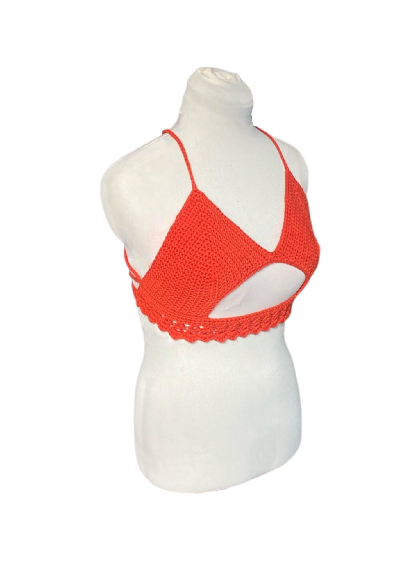 Gehaakte crop-top bralette katoen oranje - handgemaakte festival top (Peek-a-boob) - maat L