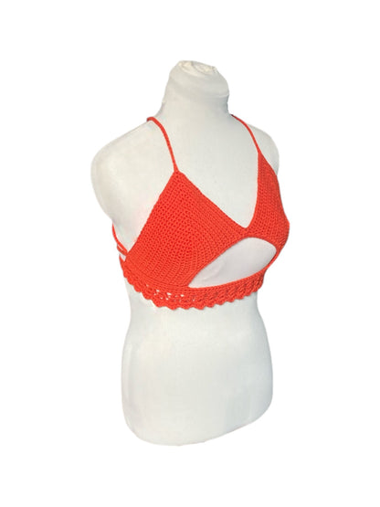 Gehaakte crop-top bralette katoen oranje - handgemaakte festival top (Peek-a-boob) - maat L