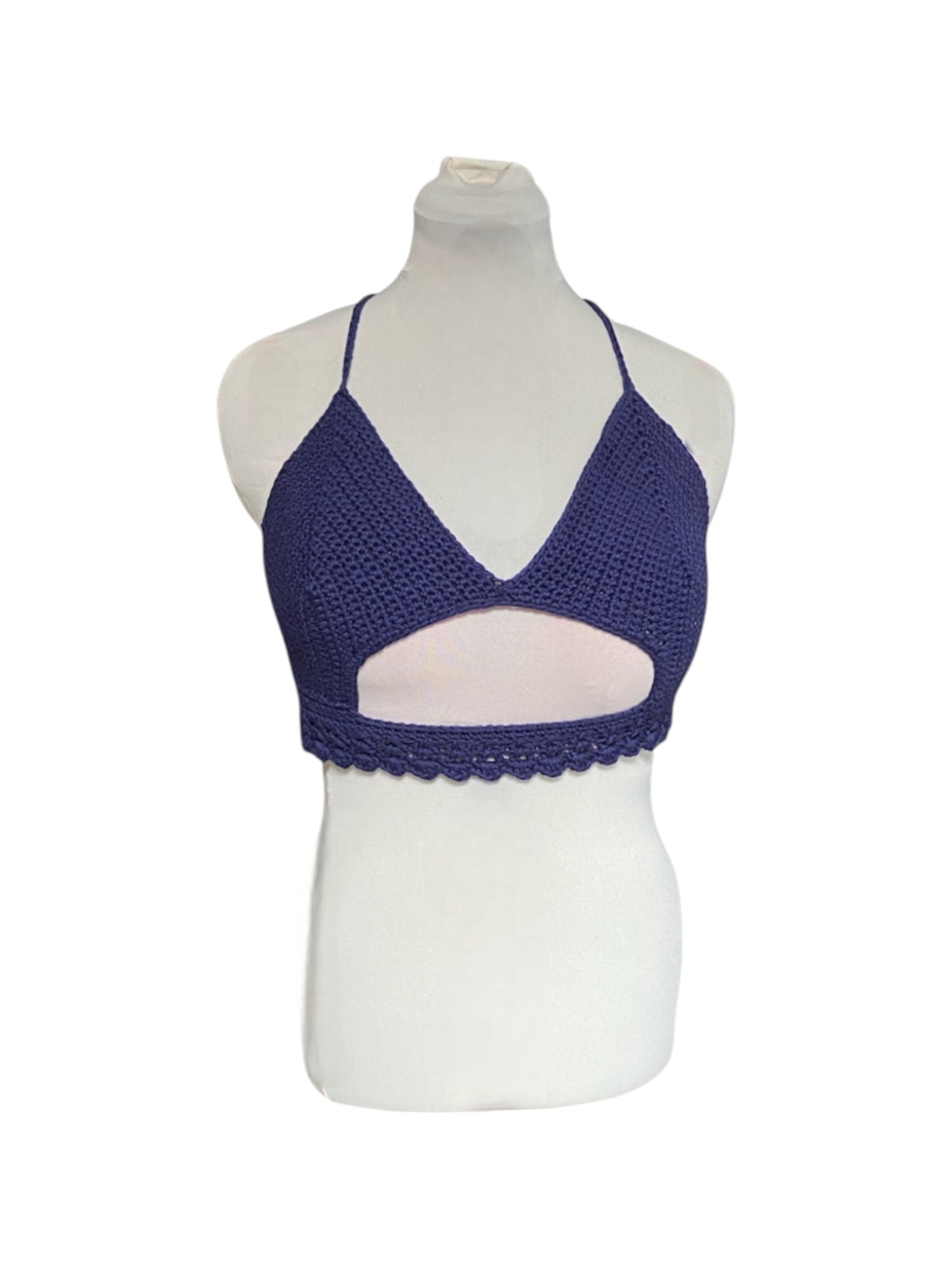 Gehaakte crop-top bralette katoen blauw - handgemaakte festival top (Peek-a-boob) - maat XL