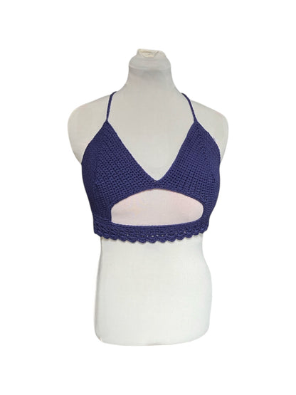 Gehaakte crop-top bralette katoen blauw - handgemaakte festival top (Peek-a-boob) - maat XL