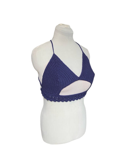 Gehaakte crop-top bralette katoen blauw - handgemaakte festival top (Peek-a-boob) - maat XL