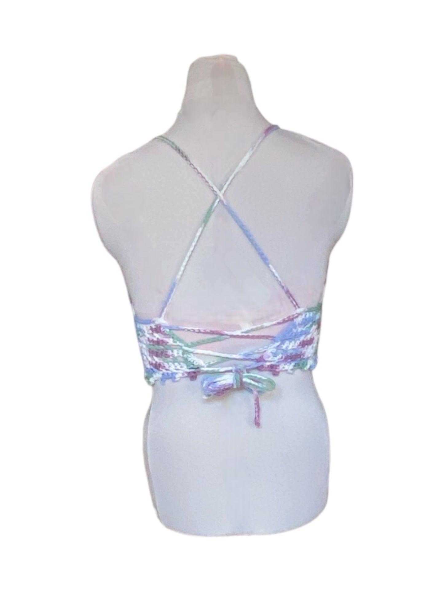 Gehaakte crop-top bralette katoen paars blauw groen wit - handgemaakte festival top (Peek-a-boob) - maat L