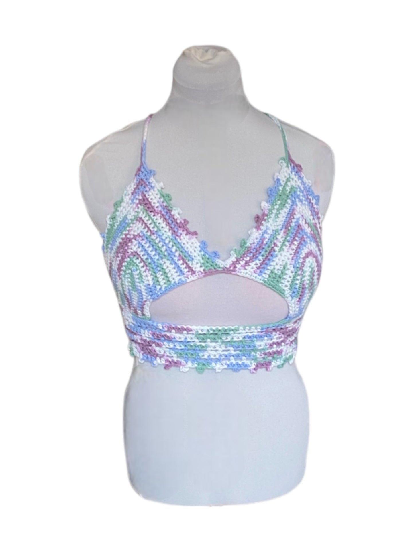 Gehaakte crop-top bralette katoen paars blauw groen wit - handgemaakte festival top (Peek-a-boob) - maat L
