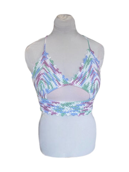 Gehaakte crop-top bralette katoen paars blauw groen wit - handgemaakte festival top (Peek-a-boob) - maat L