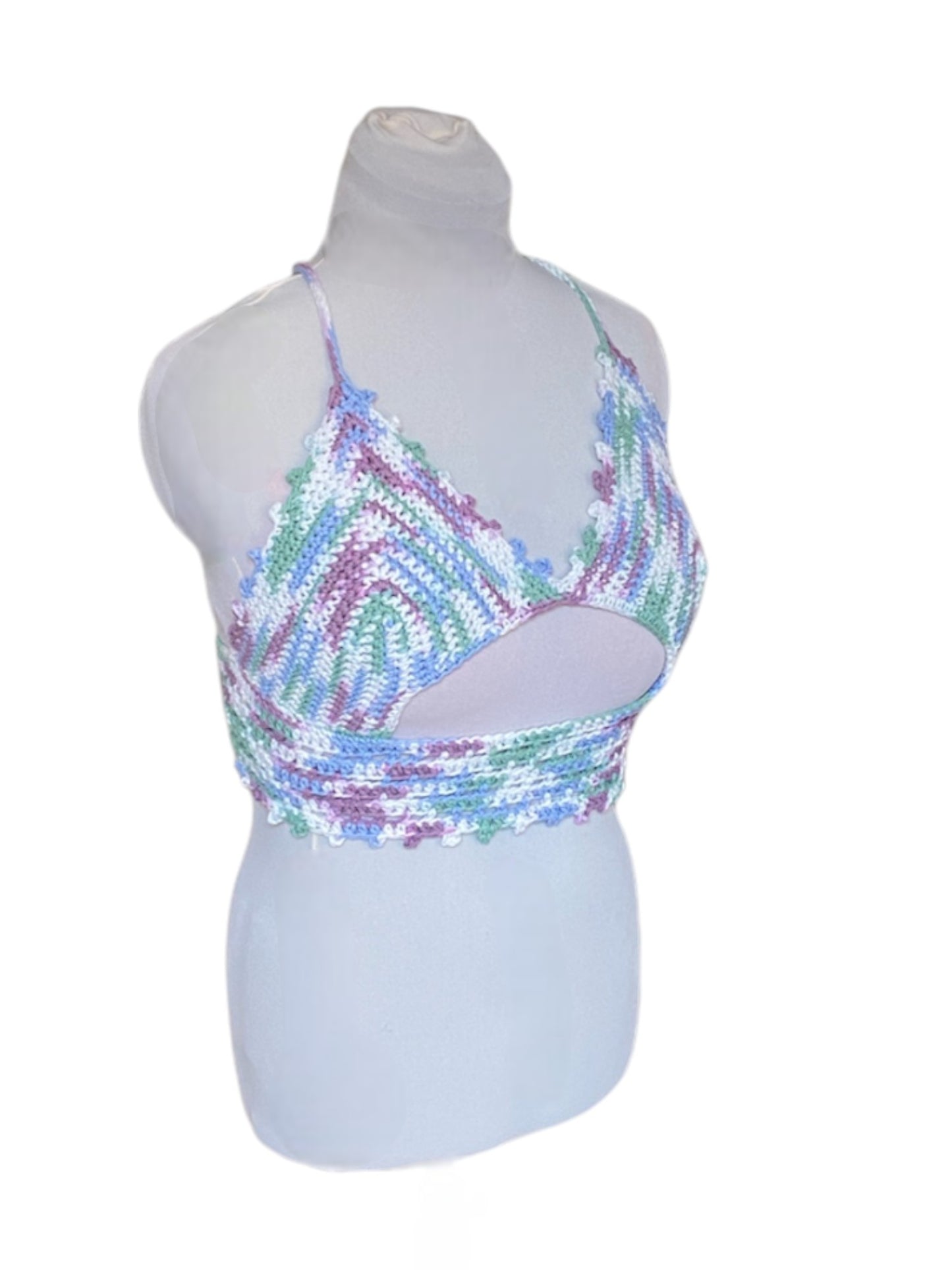 Gehaakte crop-top bralette katoen paars blauw groen wit - handgemaakte festival top (Peek-a-boob) - maat L