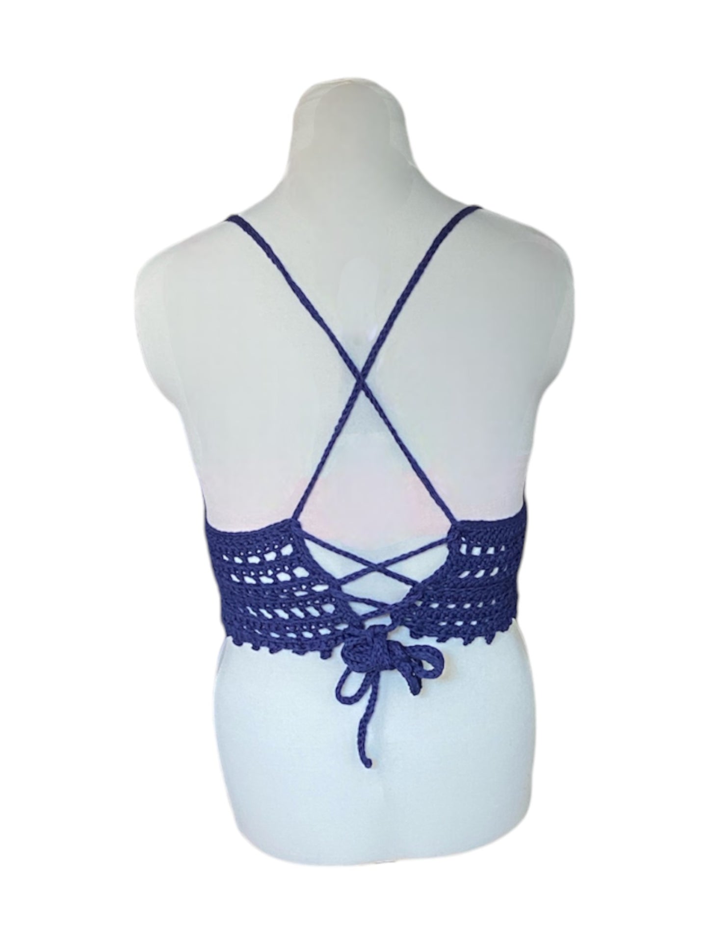 Gehaakte crop-top bralette katoen donkerblauw - handgemaakte festival top (Peek-a-boob) - maat XL