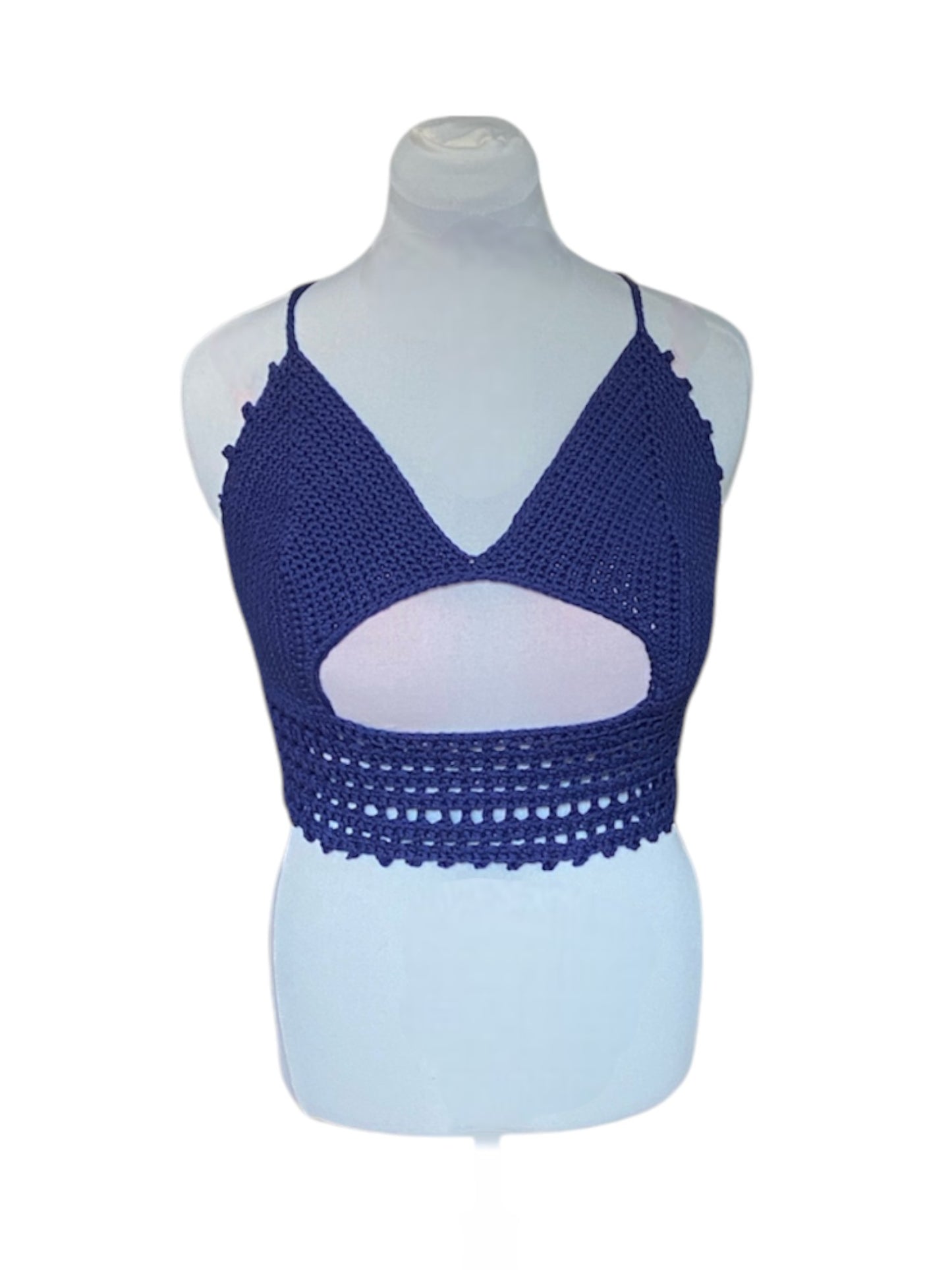Gehaakte crop-top bralette katoen donkerblauw - handgemaakte festival top (Peek-a-boob) - maat XL