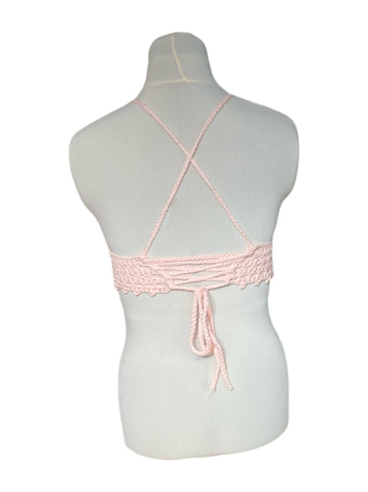 Gehaakte crop-top bralette katoen zalmroze - handgemaakte festival top (Peek-a-boob) - maat S