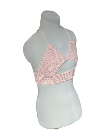 Gehaakte crop-top bralette katoen zalmroze - handgemaakte festival top (Peek-a-boob) - maat S