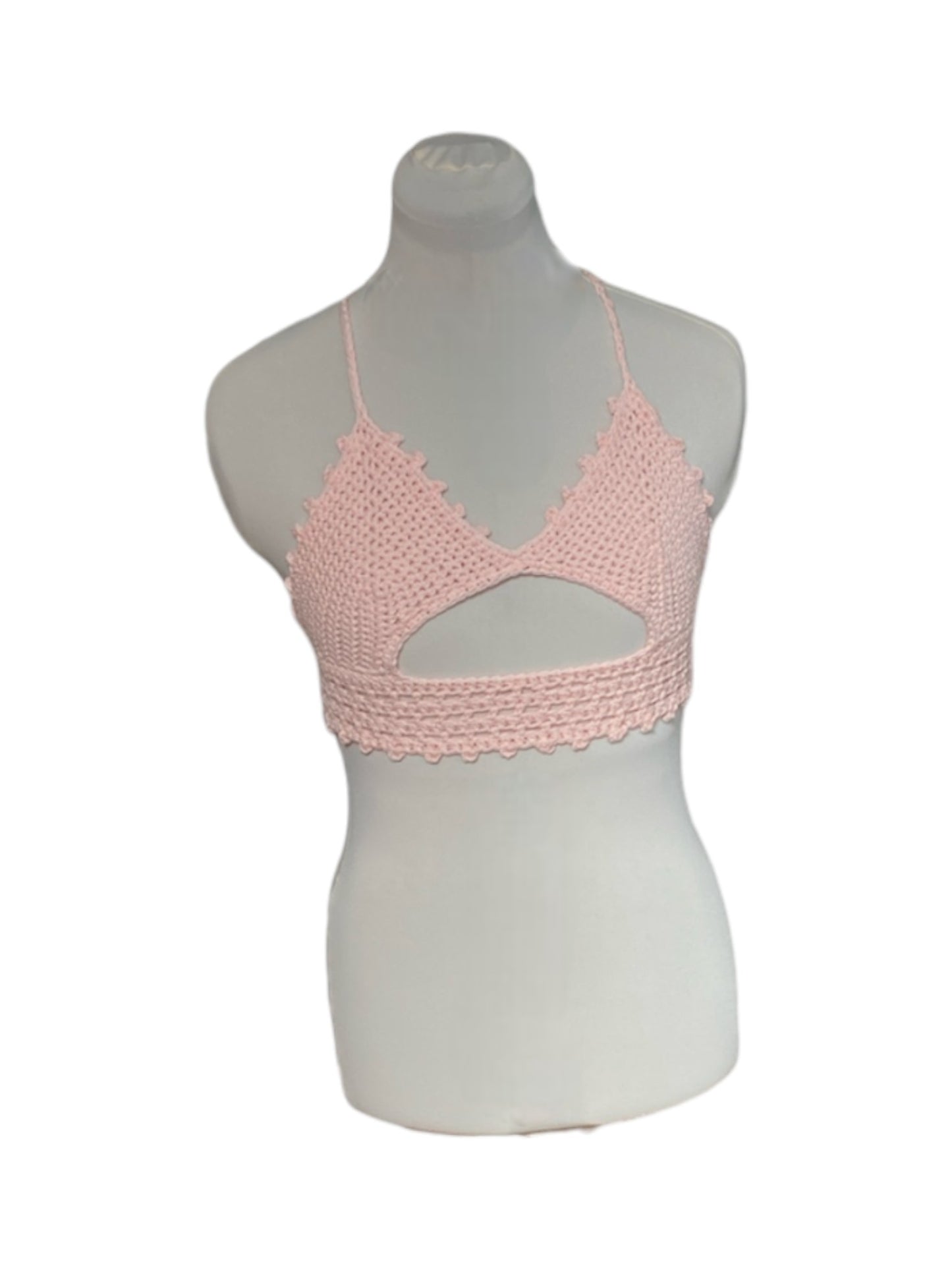 Gehaakte crop-top bralette katoen zalmroze - handgemaakte festival top (Peek-a-boob) - maat S