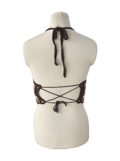 Gehaakte, gestreepte corset crop-top katoen bruin – handgemaakte festival top – maat S