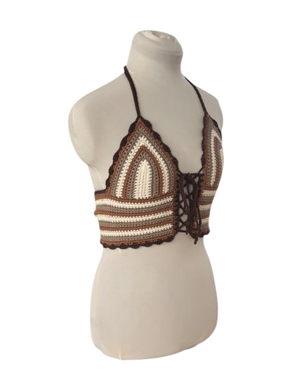Gehaakte, gestreepte corset crop-top katoen bruin – handgemaakte festival top – maat S