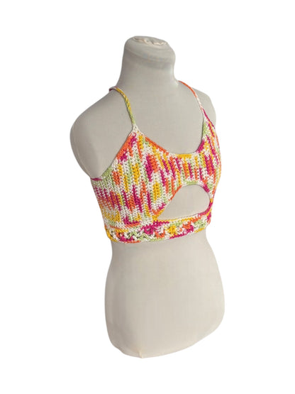 Gehaakte crop-top/bralette katoen roze wit groen geel - handgemaakte festival top (sneak-a-peek) - maat M