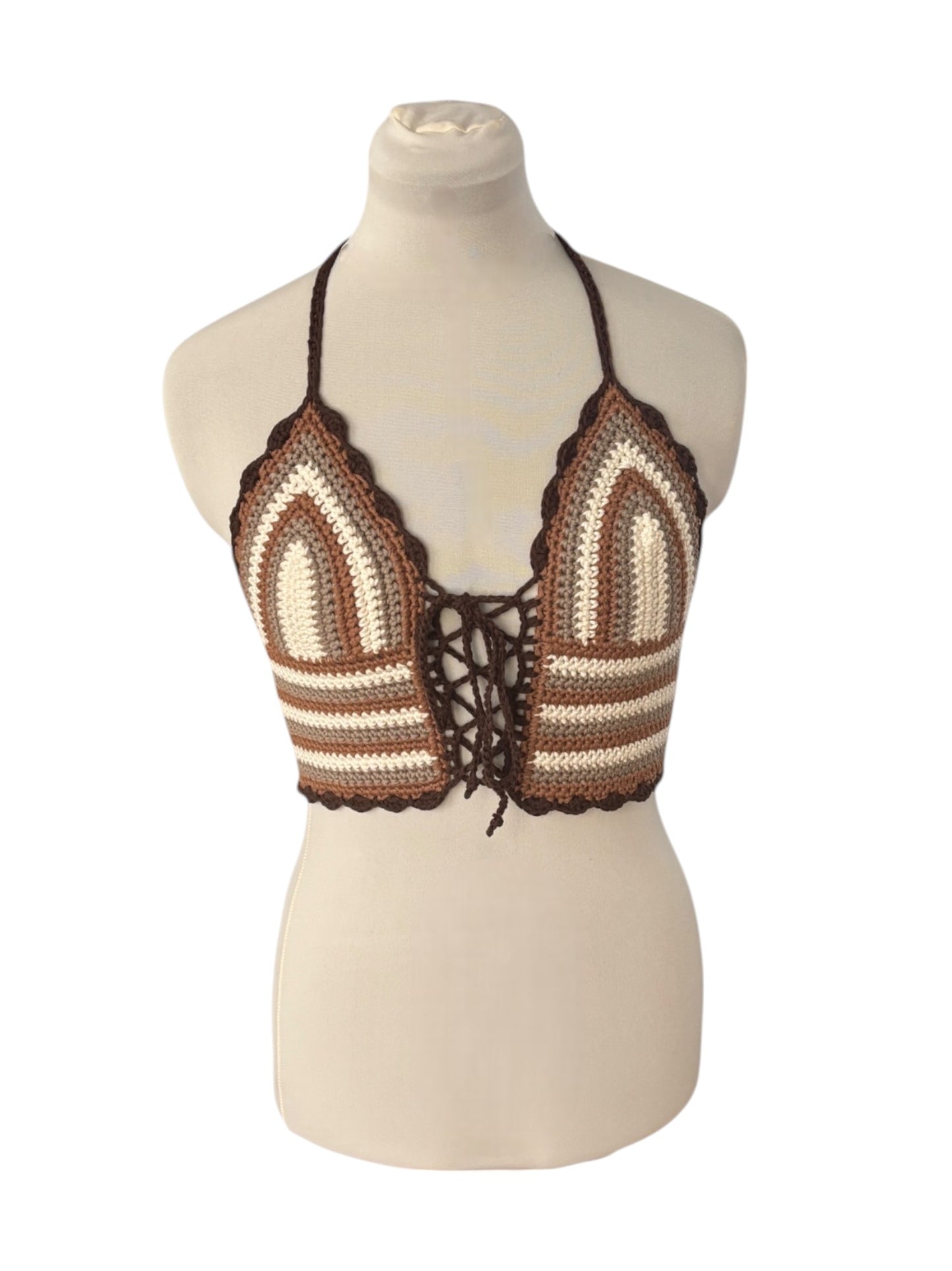 Gehaakte, gestreepte corset crop-top katoen bruin – handgemaakte festival top – maat S
