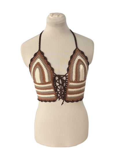 Gehaakte, gestreepte corset crop-top katoen bruin – handgemaakte festival top – maat S