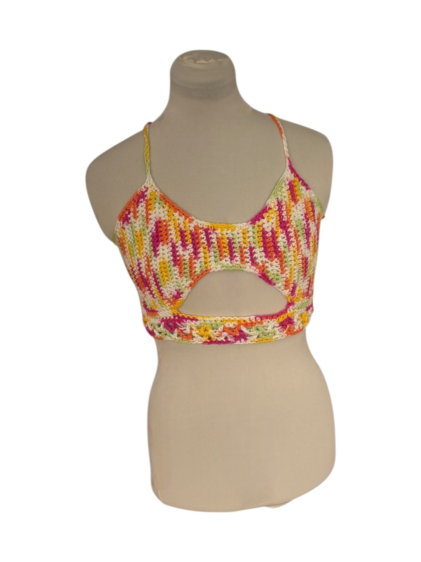 Gehaakte crop-top/bralette katoen roze wit groen geel - handgemaakte festival top (sneak-a-peek) - maat M