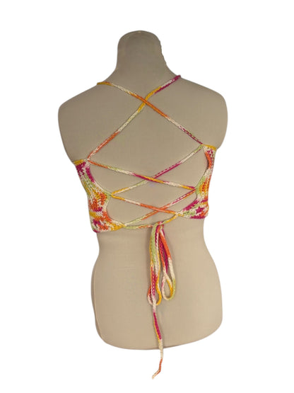 Gehaakte crop-top/bralette katoen roze wit groen geel - handgemaakte festival top (sneak-a-peek) - maat M