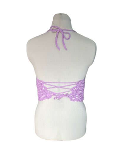 Gehaakte boho crop-top katoen licht paars – handgemaakte festival top – maat S