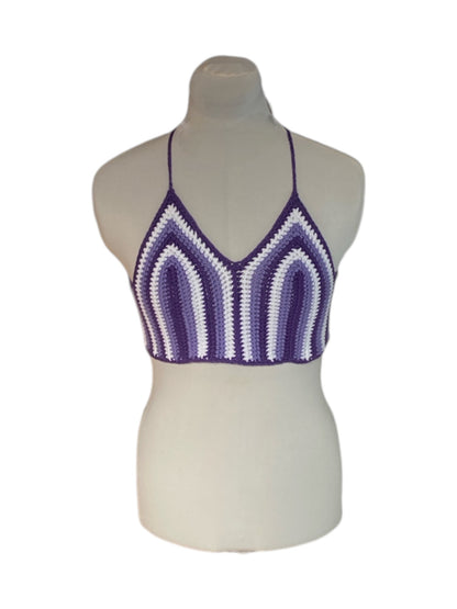 Gehaakte paars gestreepte crop-top van 100% katoen - handgemaakte festival top - maat S