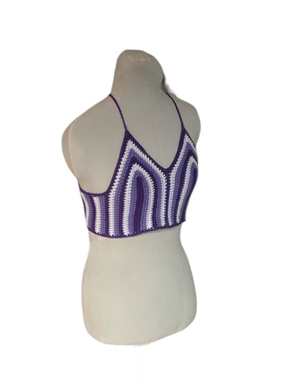 Gehaakte paars gestreepte crop-top van 100% katoen - handgemaakte festival top - maat S