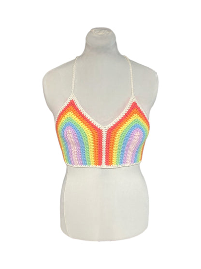 Gehaakte gestreepte crop-top van 100% katoen - handgemaakte festival top, in pastel regenboog kleuren - maat M