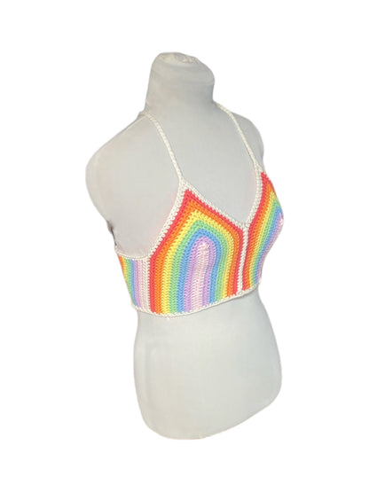 Gehaakte gestreepte crop-top van 100% katoen - handgemaakte festival top, in pastel regenboog kleuren - maat M