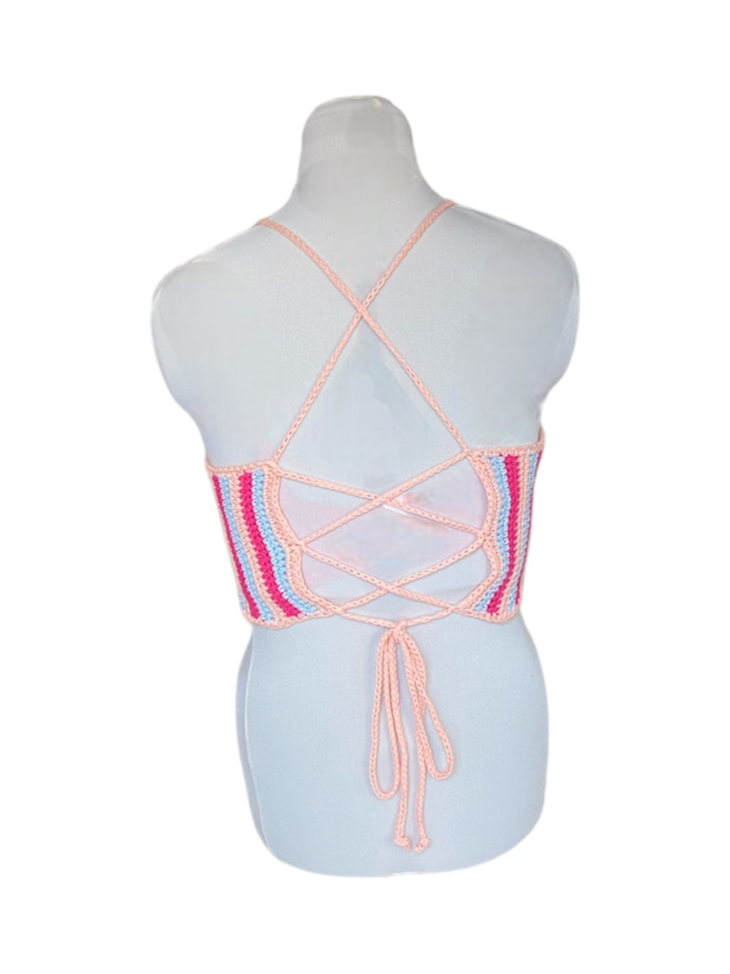 Gehaakte gestreepte crop-top van 100% katoen - handgemaakte festival top met roze, blauw en lichtoranje streepjes - maat L