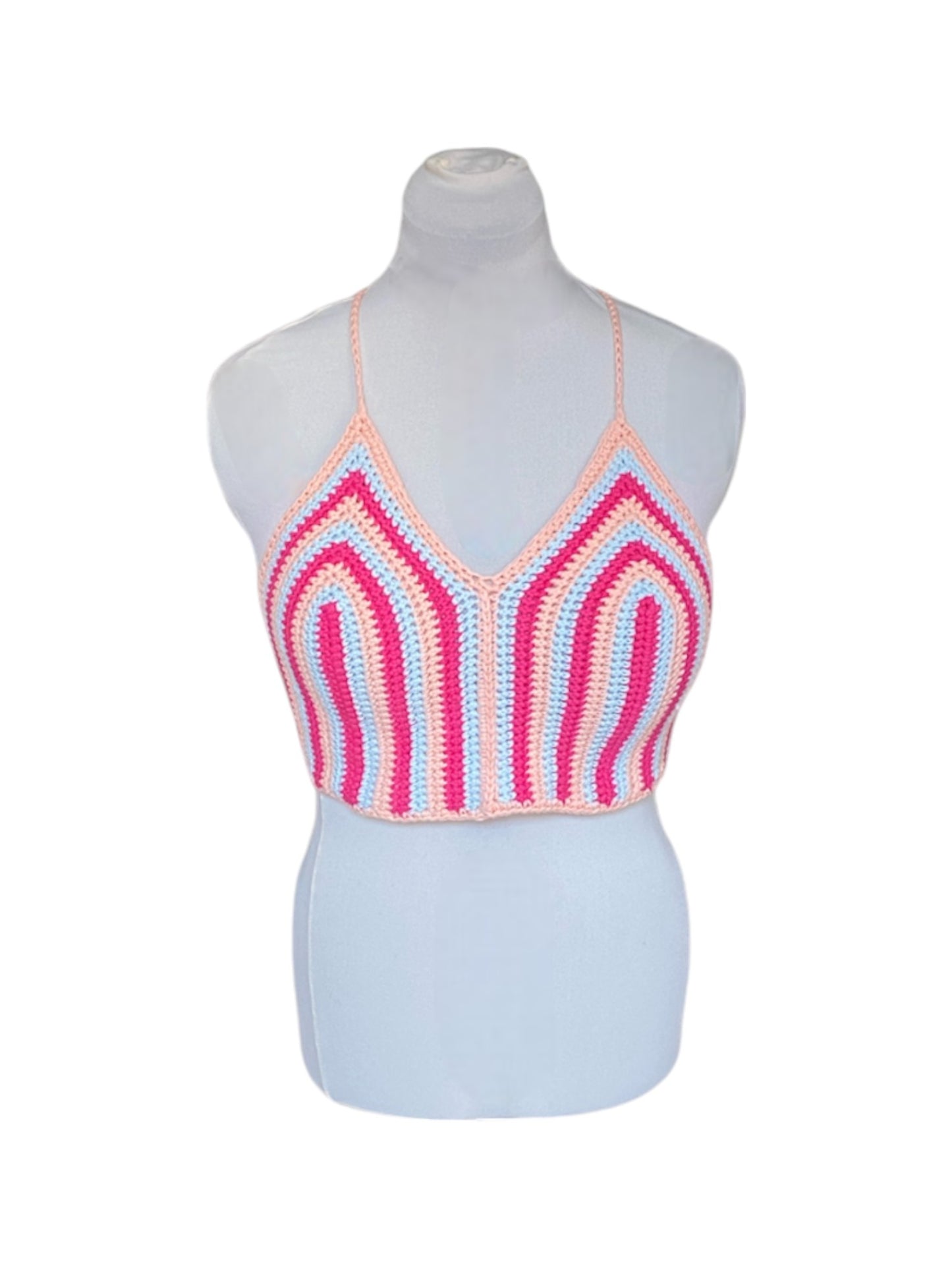 Gehaakte gestreepte crop-top van 100% katoen - handgemaakte festival top met roze, blauw en lichtoranje streepjes - maat L