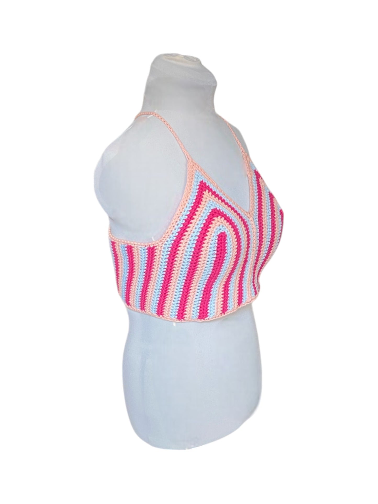 Gehaakte gestreepte crop-top van 100% katoen - handgemaakte festival top met roze, blauw en lichtoranje streepjes - maat L