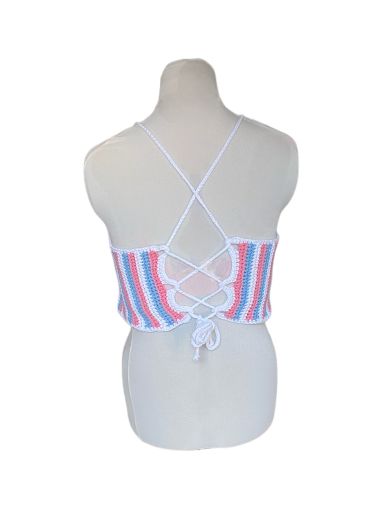 Gehaakte gestreepte crop-top van 100% katoen - handgemaakte trans-pride festival top - maat XL