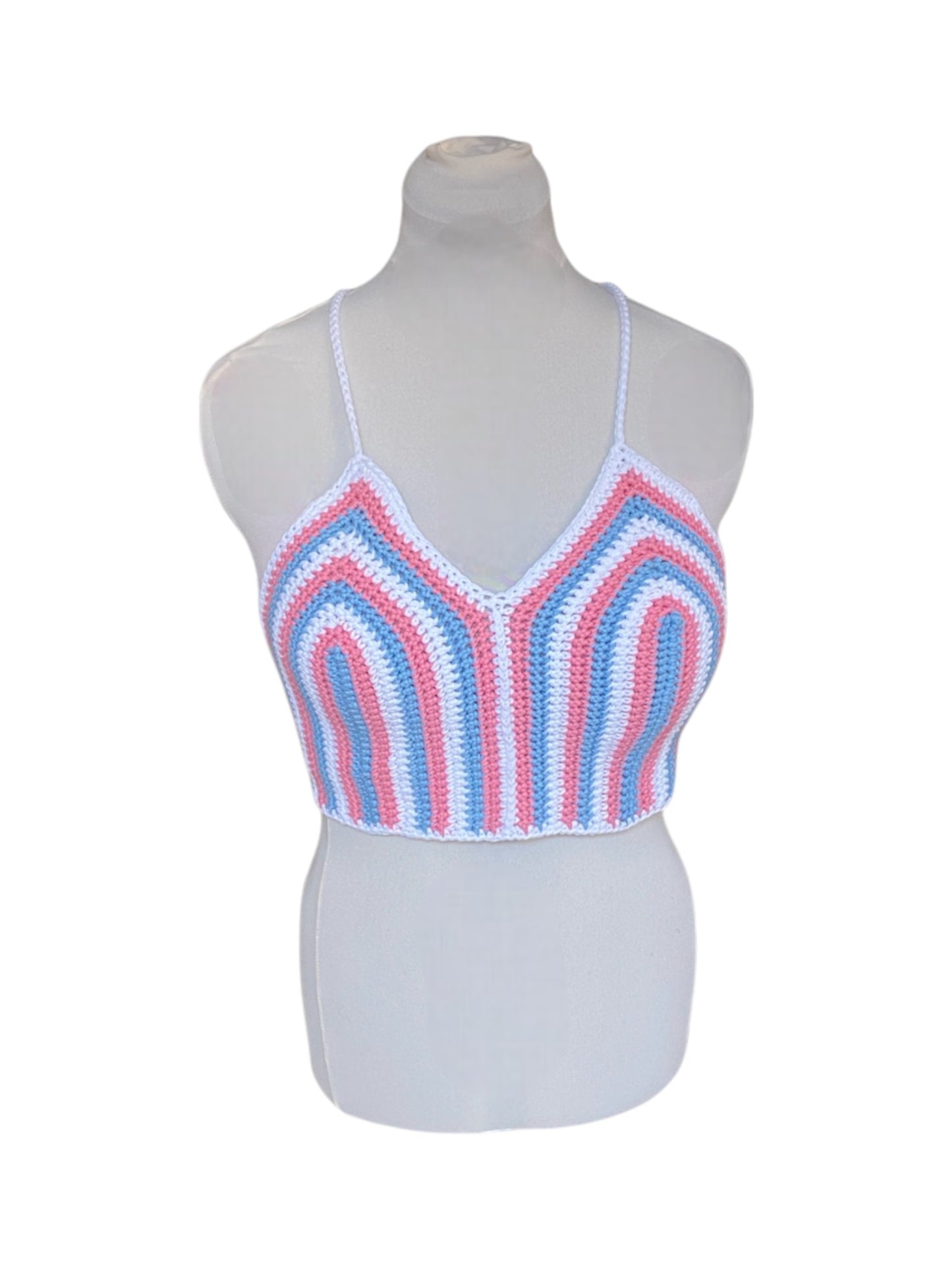 Gehaakte gestreepte crop-top van 100% katoen - handgemaakte trans-pride festival top - maat XL