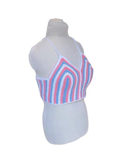 Gehaakte gestreepte crop-top van 100% katoen - handgemaakte trans-pride festival top - maat XL